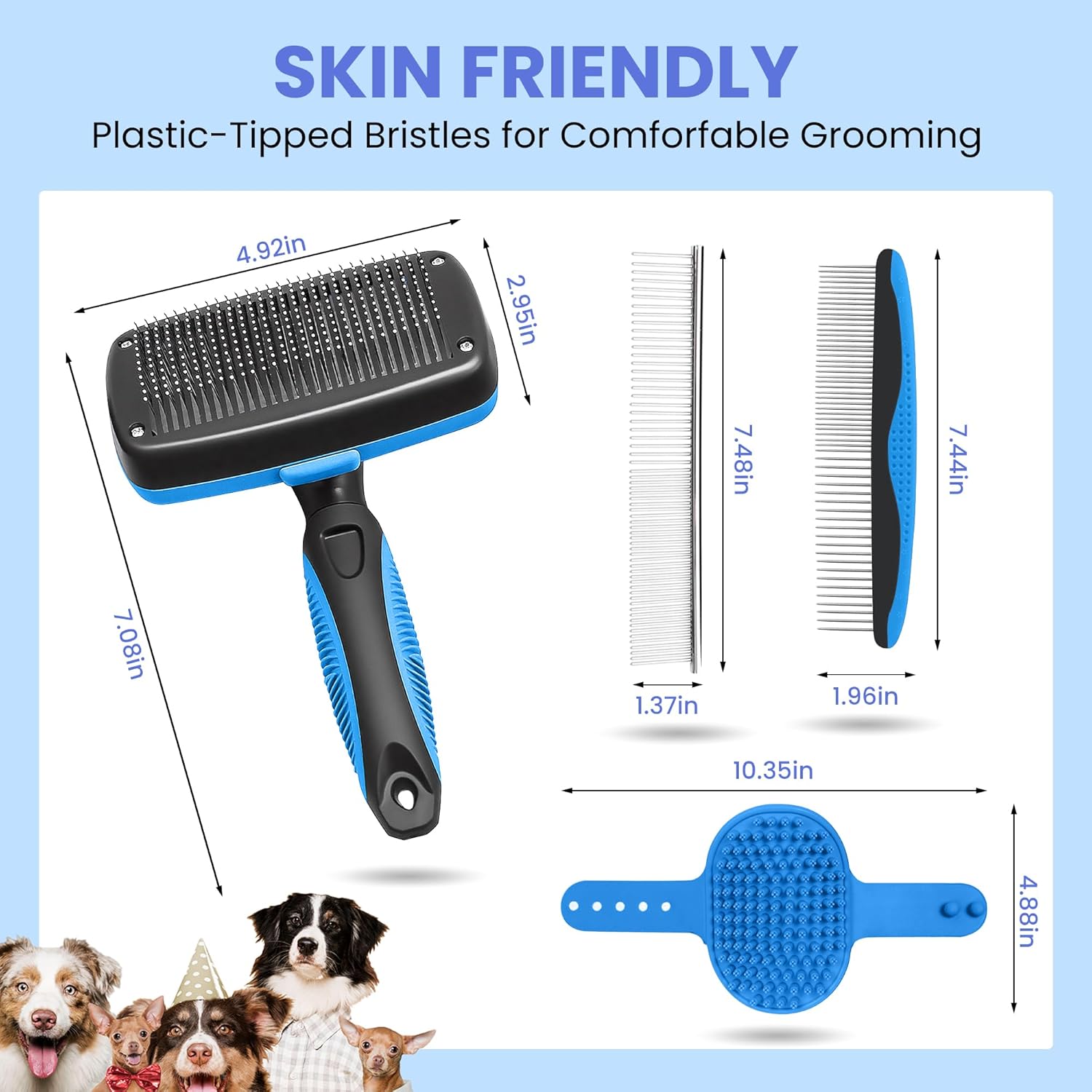 Skiennix Self-Cleaning Shedding Brush - 5-in-1 Professional Grooming Kit for Dogs & Cats | Blue