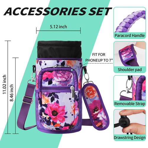 AceTreker 64 oz 128 oz Neoprene Water Bottle Holder with Strap & 5 Pockets for Insulated Metal Hydro Jug Water Bottles, Thermo Flask Sleeve Carrier Bag for Camping Trip-Purple Rose
