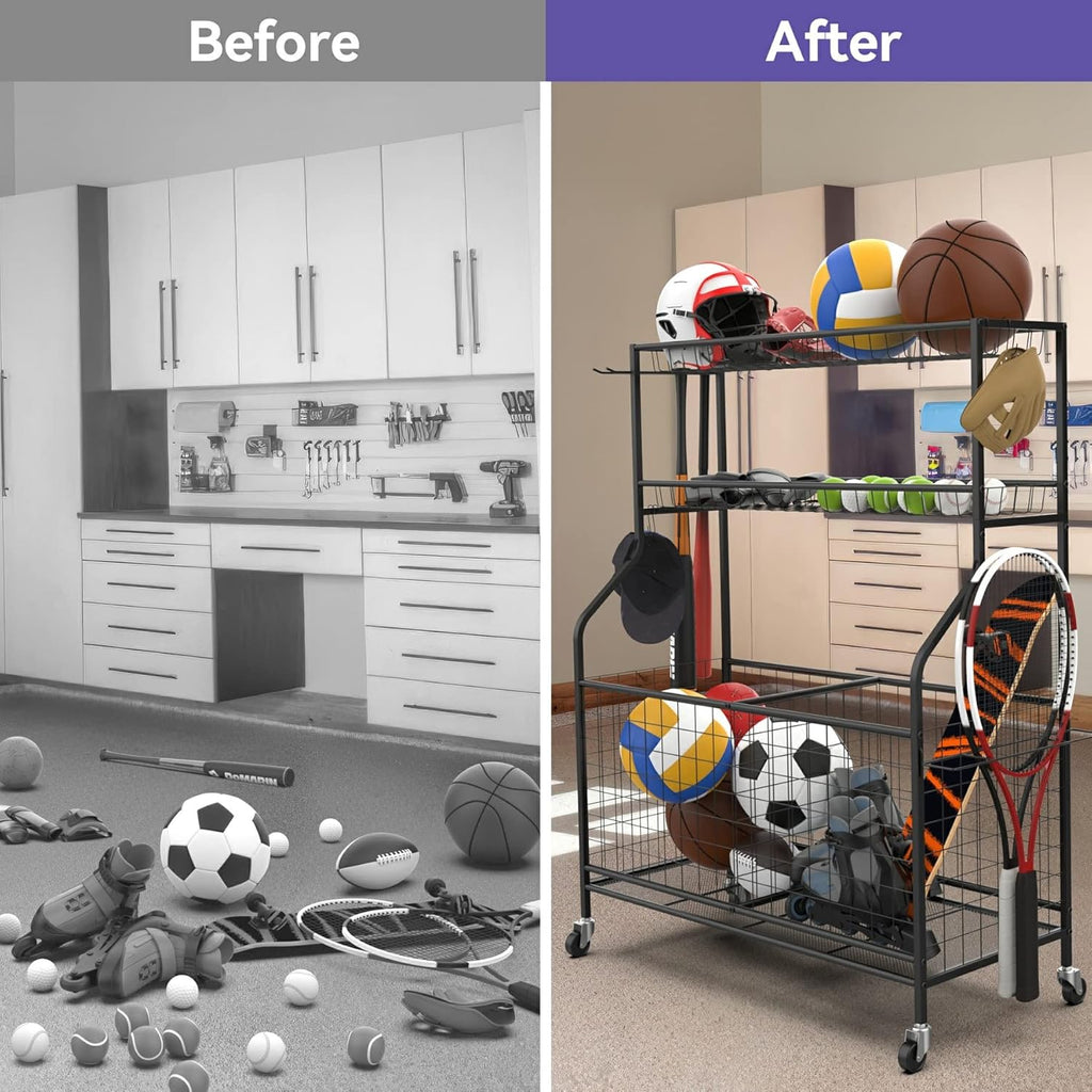 WALMANN Garage Ball Organizer - Indoor/Outdoor Sports Equipment Storage Rack | Rolling Cart for Kids' Balls and Toys