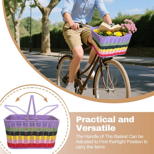 Bike Basket Front, Large Wicker Baskets for Bike, Hand-Woven Bicycle Basket with Iron Framework, Detachable Front Handlebar Bike Basket (Rainbow)