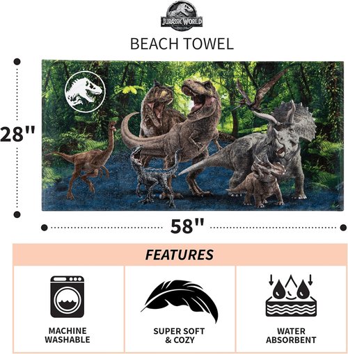 Franco Kids Super Soft Cotton Bath/Pool/Beach Towel, 58 In x 28 In, Jurassic World