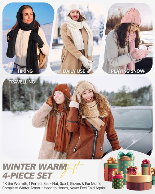 Winter Hat Gloves Scarf Earmuffs Set for Women, Fleece Lined Beanie Long Knit Neck Scarf Touchscreen Gloves Adjustable Ear Warmer, 4 in 1 Fashionable Warm Gift Set for Cold Weather-01