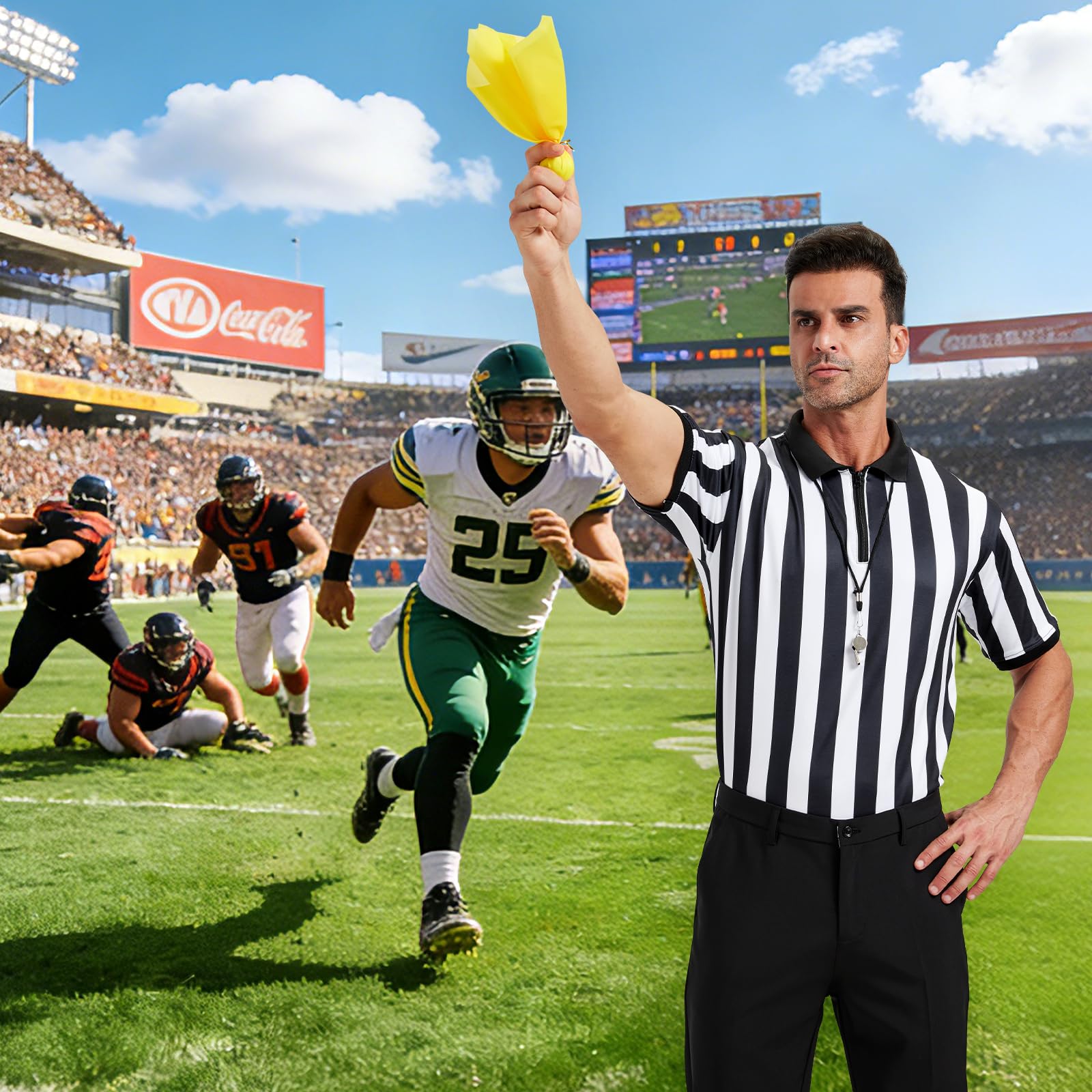 Men's Referee Costume Kit, Football Referee Shirt Umpire Jersey, Whistle, Penalty Flag for Soccer Sports & Cosplay Outfits