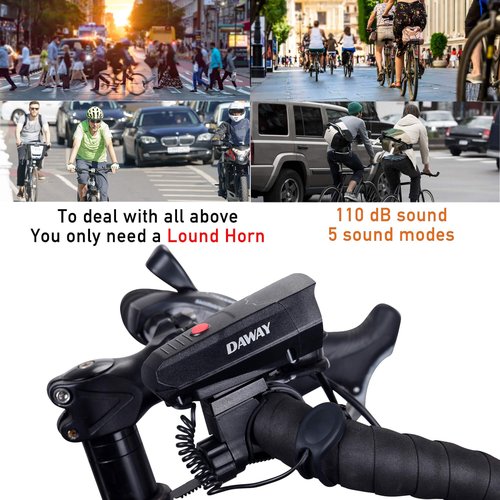 DAWAY A14 110dB Electric Bike Horn - 5 Sound Modes, Loud Bicycle Handlebar Alarm Bell with Free Screwdriver, Ideal Gift for Kids & Adults - Safe & Easy Cycling Alert