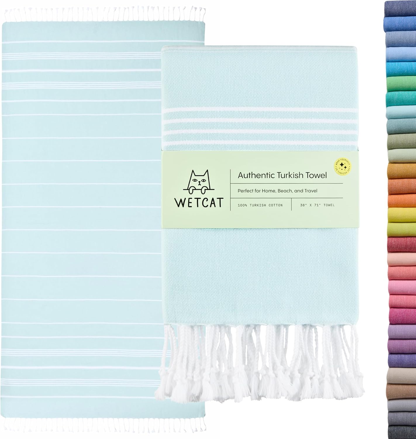 WETCAT Oversized Turkish Beach Towel - 100% Cotton, Sand-Free, Quick-Drying, Aqua (38"x71")