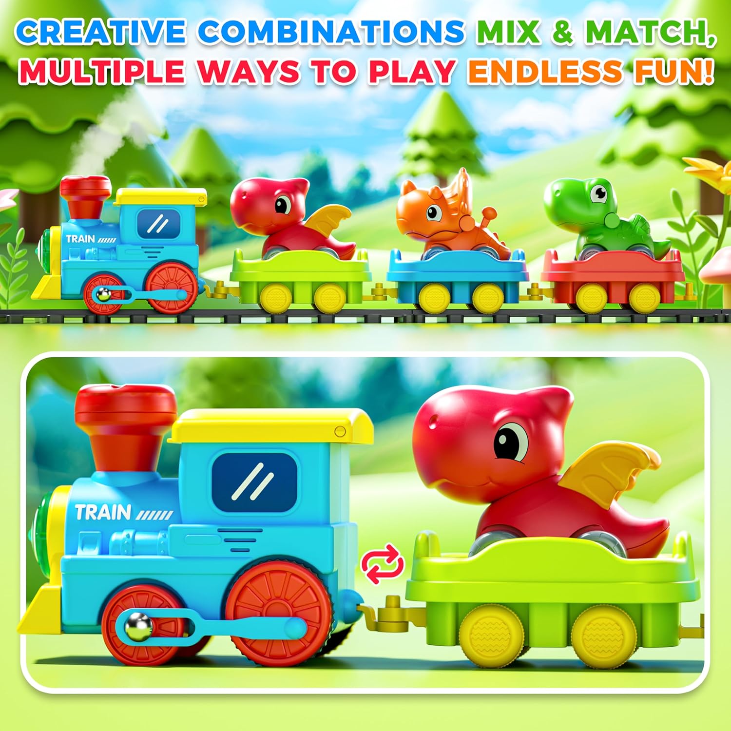 Skiennix Electric Train Set for Toddlers - Musical Steam Train with Lights & Dinosaur Cars | Perfect Gift for Ages 1-6