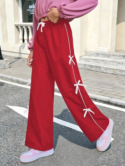 WDIRARA Toddler Girl's Bow Side Waist Track Pants Cute Wide Leg Trousers Red 11Y