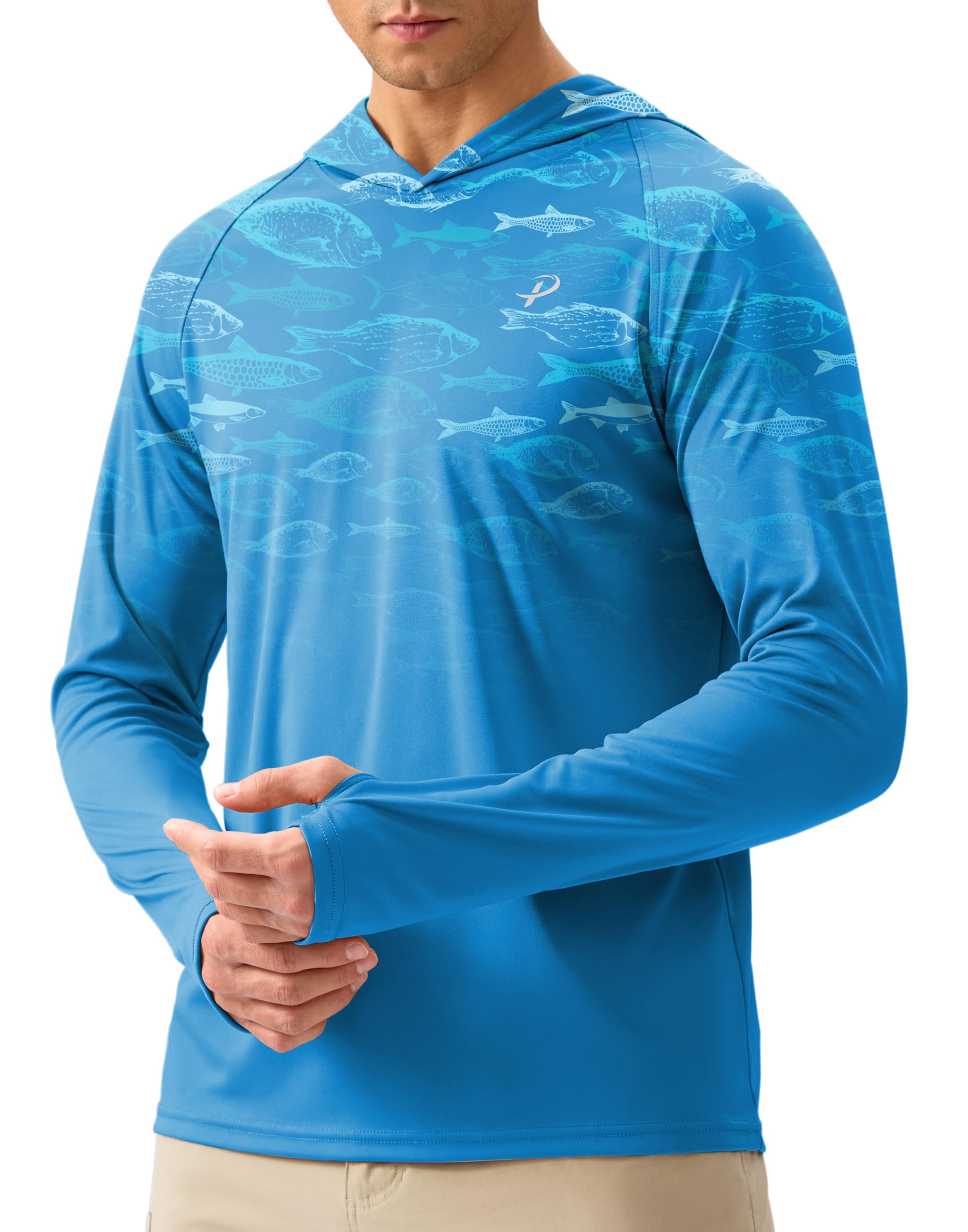 Pudolla Men's Sun Protection Hoodie Shirts UPF 50+ Rash Guard SPF Long Sleeve Fishing Shirt for Men Swim Hiking Boating(Blue Fish XX-Large)