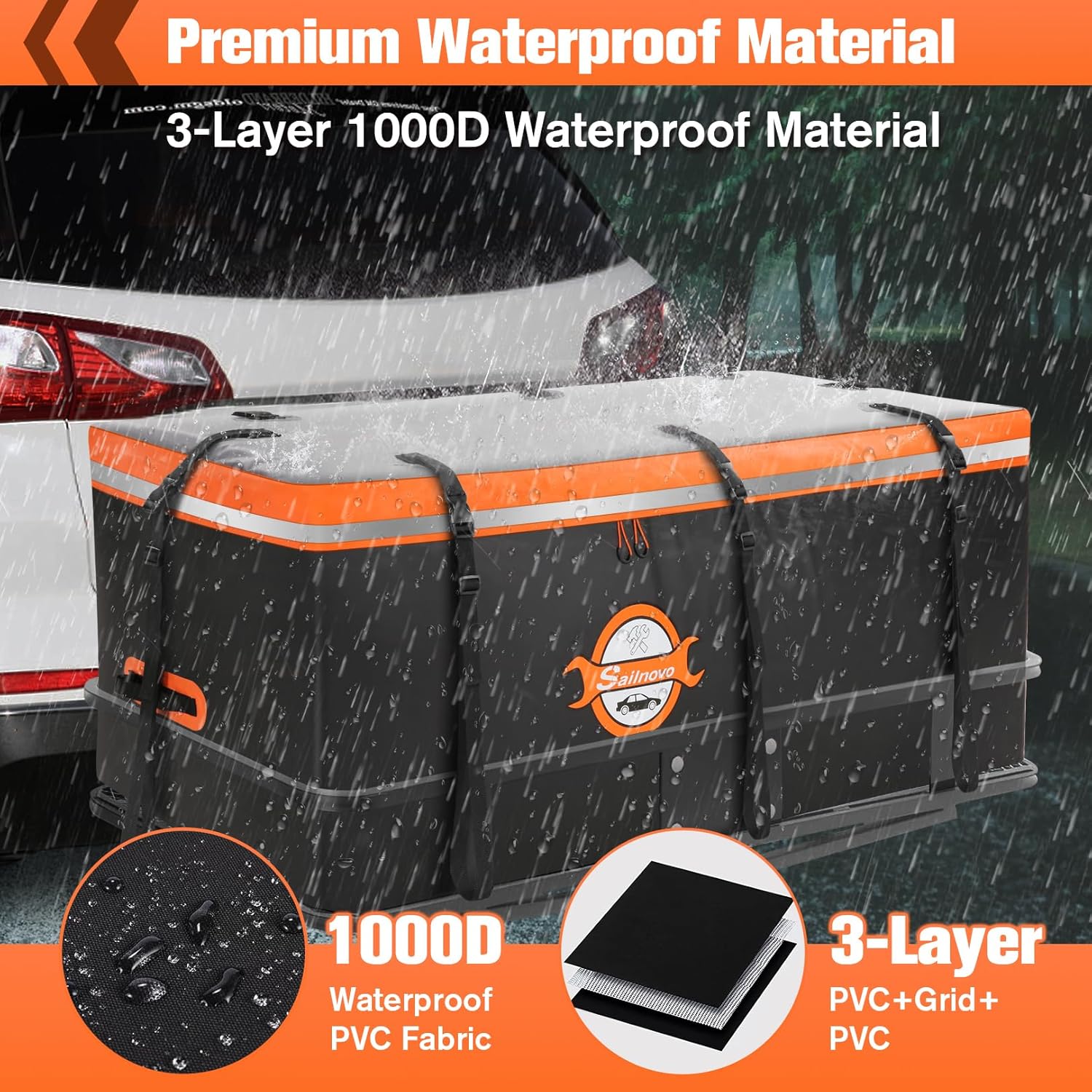Sailnovo Waterproof Hitch Cargo Carrier Bag - 20 Cubic Feet Soft Shell Storage with 8 Straps & Lock