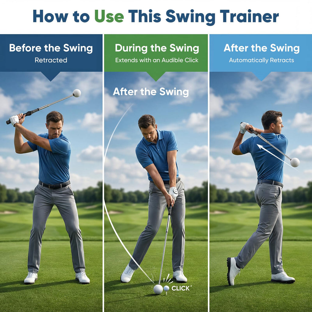 chufa Retractable Golf Swing Trainer, Telescopic Practice Club with Click Feedback, Right-Handed Ergonomic Grip & Arm Band, Grip/Posture Correction, Portable Indoor/Outdoor Tempo & Swing Path Aid