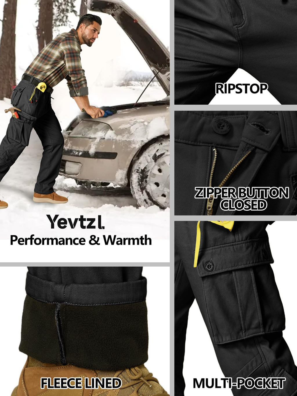 Yevtzl Men's Fleece Lined Hiking Cargo Pants, Snow Ski Winter Insulated Work Pants Mens Tactical Pant for Camping Safari with Pocket (US, Numeric, 34, Regular, Regular, Black)