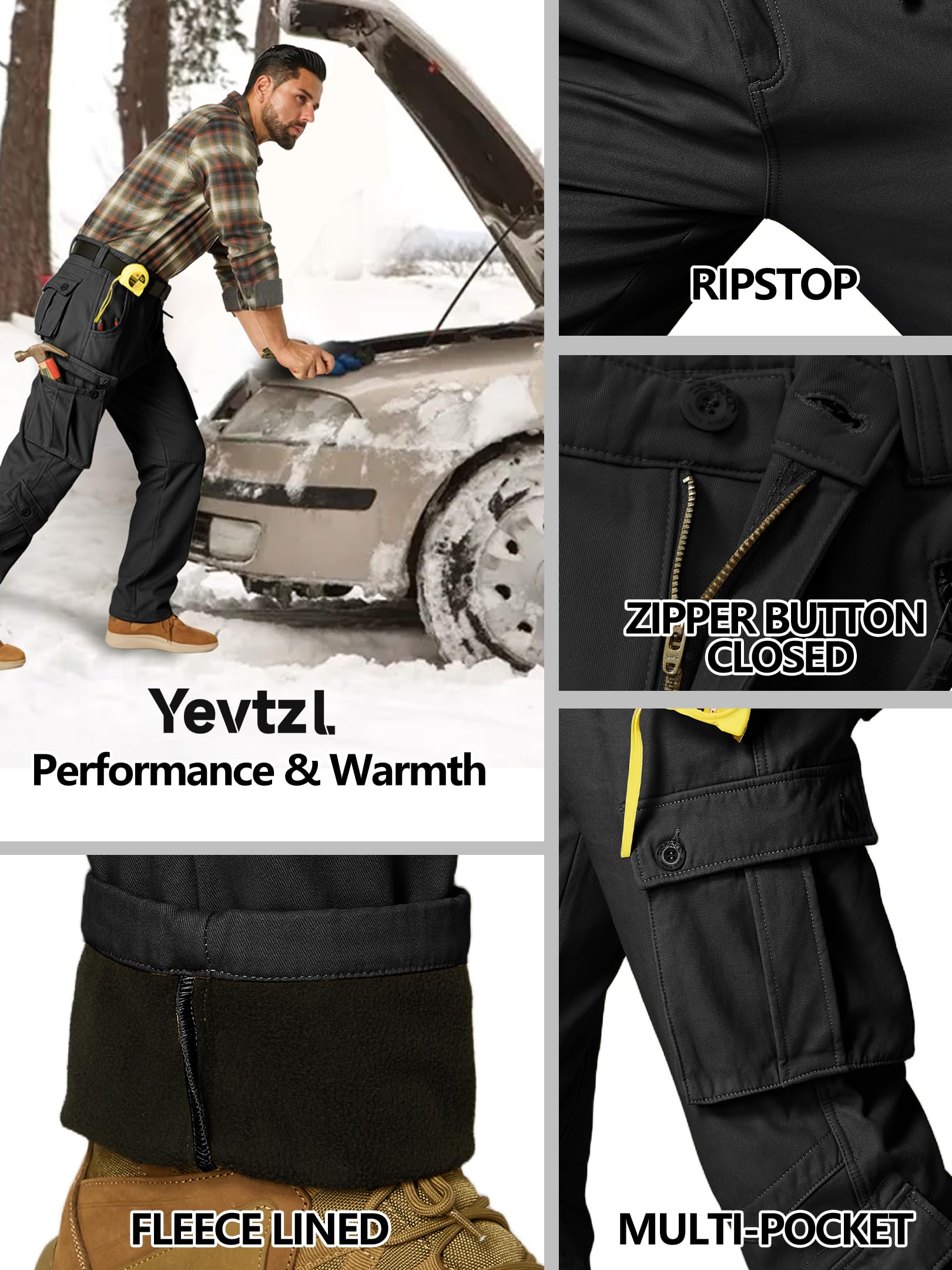 Yevtzl Men's Fleece Lined Hiking Cargo Pants, Snow Ski Winter Insulated Work Pants Mens Tactical Pant for Camping Safari with Pocket (US, Numeric, 34, Regular, Regular, Black)