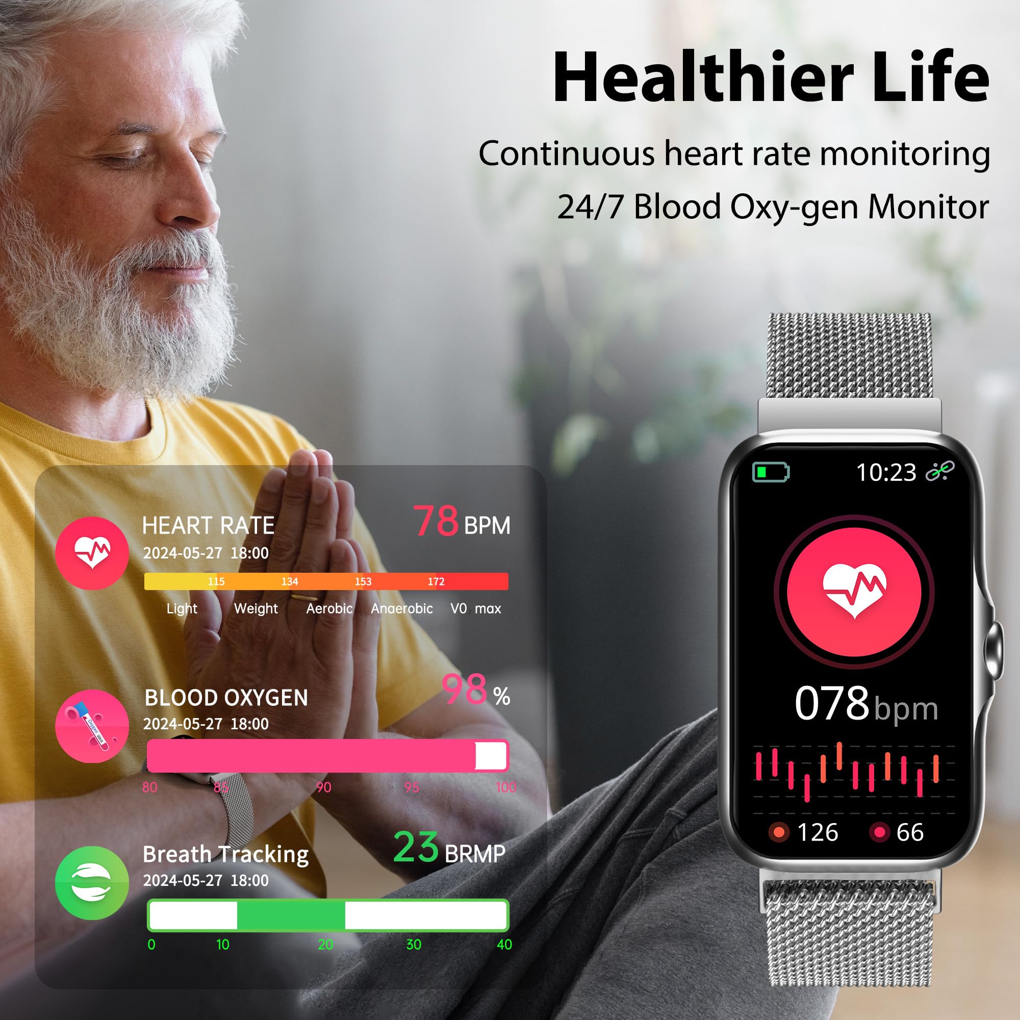 Fitness Tracker with 24/7 Continuous Heart Rate, Blood Oxy-gen Monitor, Smart Watch with Sleep Monitor, IP68 Waterproof Activity Tracker Step Counter for Women Men (Silver)
