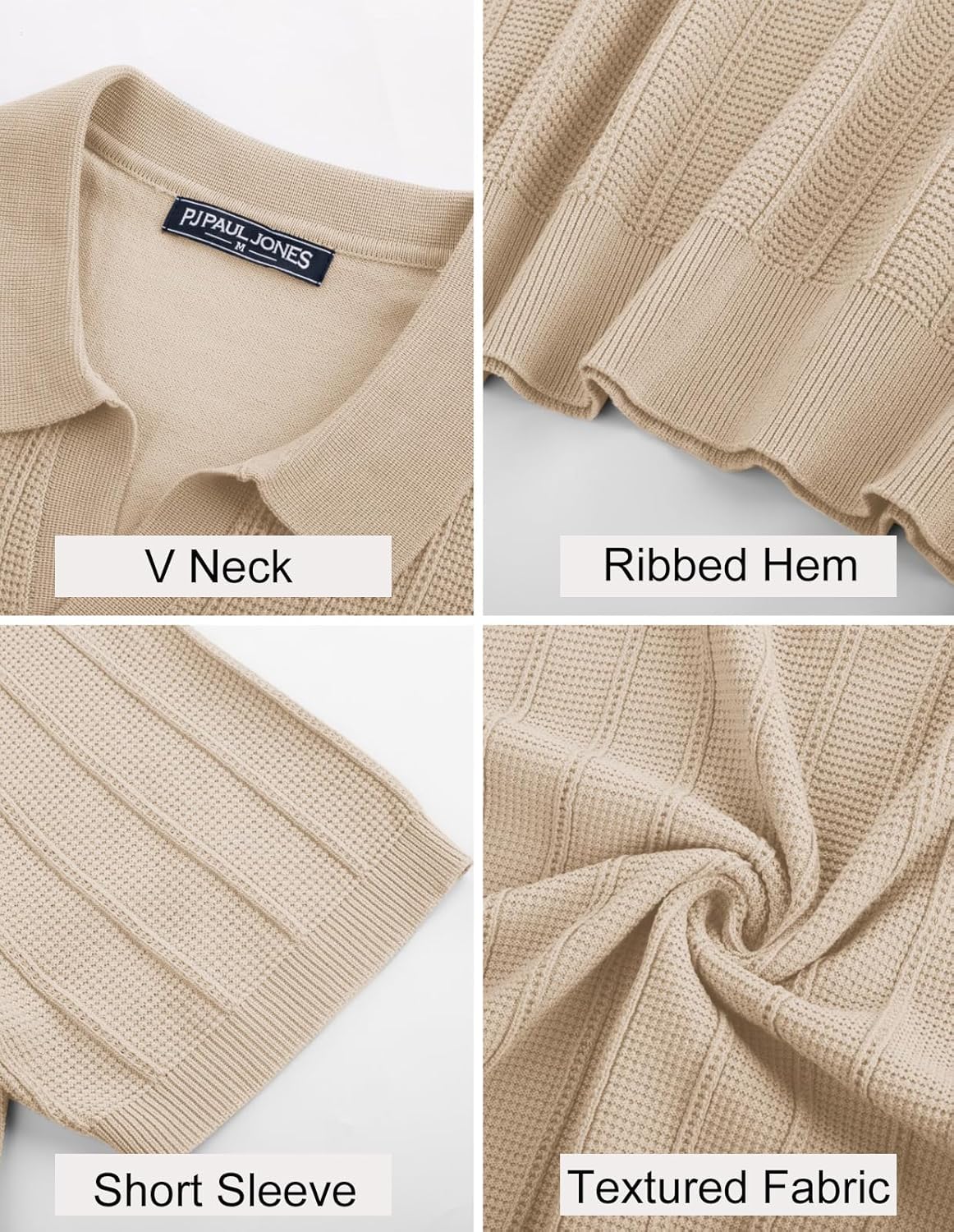 PJ PAUL JONES Men's V-Neck Knit Polo Shirt - Textured Summer Style for Comfort and Breathability