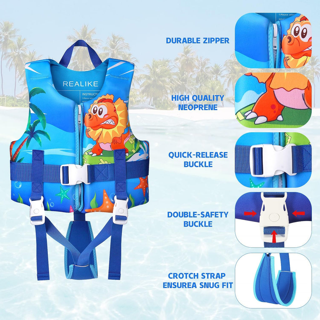 REALIKE Kids Swim Vest | Adjustable Toddler Floaties with Safety Strap | For Ages 2-10 Years, 22-88lbs