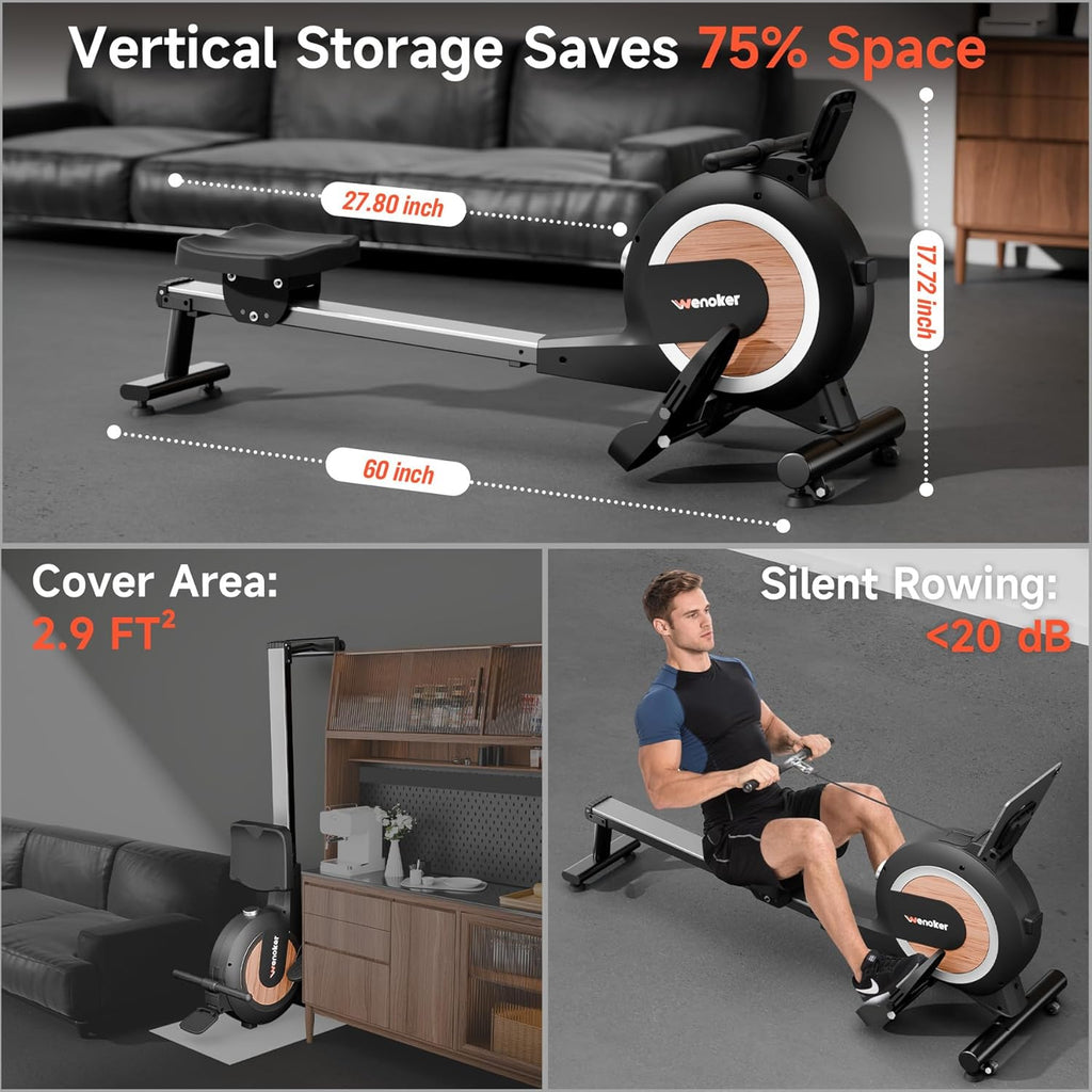 Wenoker Magnetic Rower Machine - App-Supported, 350 LB Capacity | Smooth & Quiet with LCD Monitor