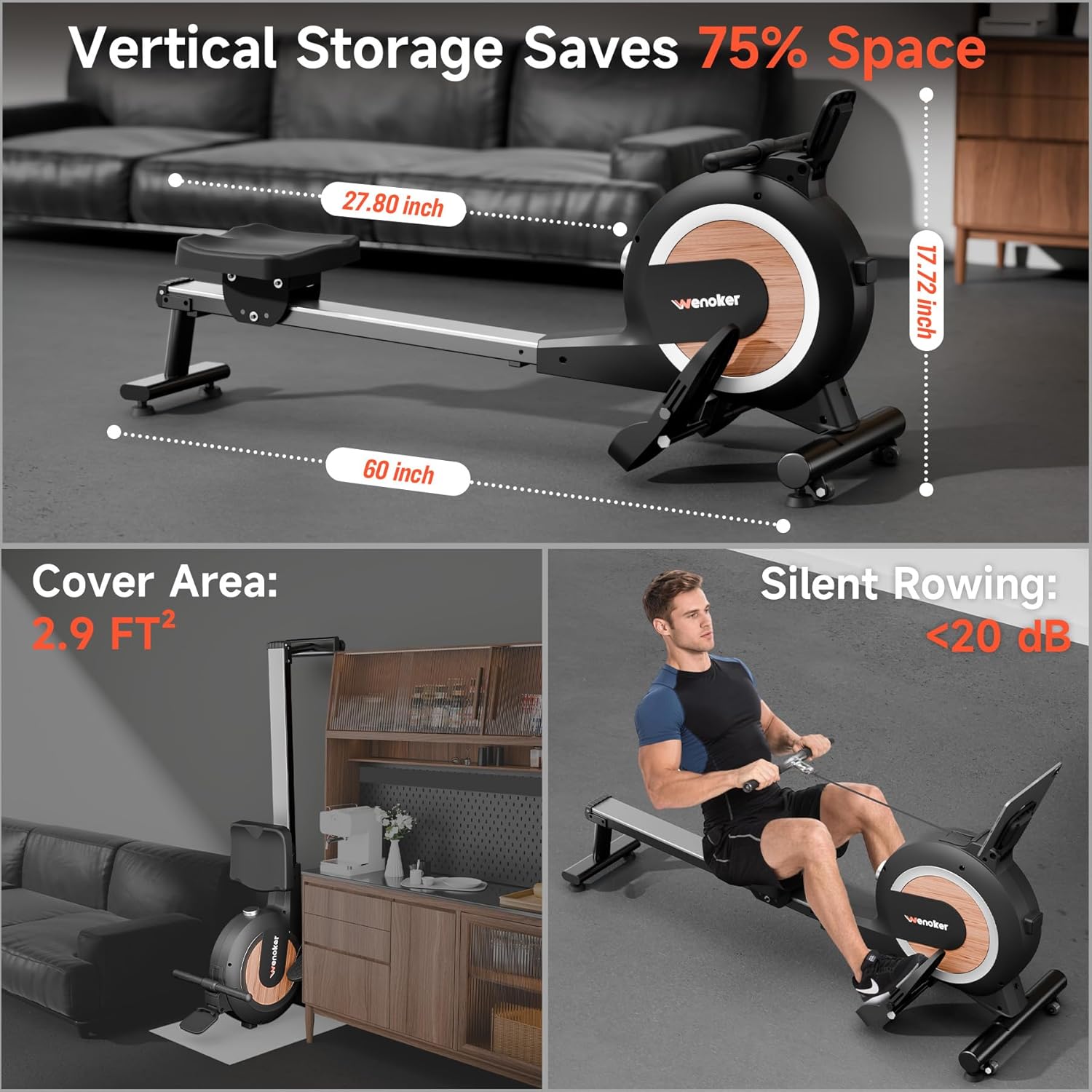 Wenoker Magnetic Rower Machine - App-Supported, 350 LB Capacity | Smooth & Quiet with LCD Monitor