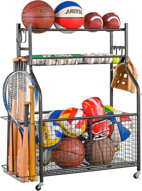 Mythinglogic Sports Ball Storage Cart - Lockable Rolling Locker with Elastic Straps | Stackable Garage Organizer
