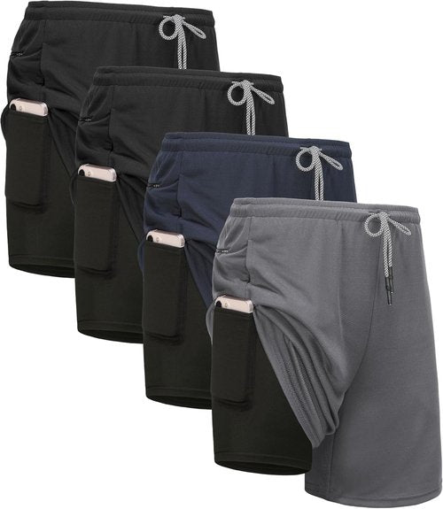 Kinglaman Men's 2-in-1 Running Shorts - Quick Dry Athletic Gym Shorts with Pockets | 4 Pack