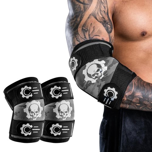 MANUEKLEAR 5mm Neoprene Weight Lifting Elbow Sleeves for Men (1 Pair), Elbow Sleeves Weightlifting Men with 2 Adjustable Compression Straps for Bench and Powerlifting & Weightlifting (Slate Grey, L (10.2-11in))
