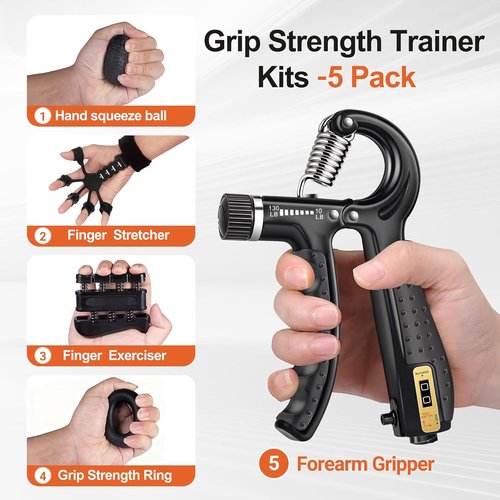 Grip Strength Trainer Kit - 5 Pack Adjustable Resistance Hand Grippers & Finger Exercisers for Muscle Recovery
