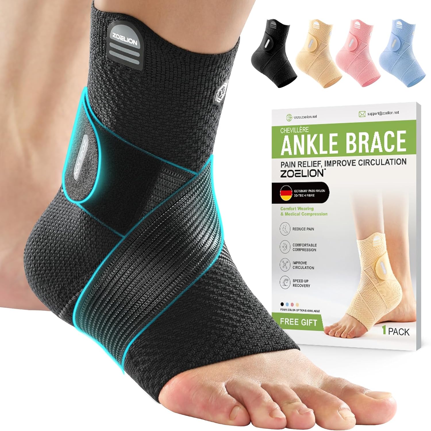 Skiennix Ankle Brace - Compression Support for Plantar Fasciitis Relief | Removable Fishnet Strap, Black 3XL