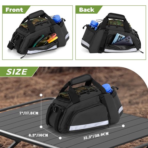 GRAOSO Bike Rear Rack Bag, Pannier Bags for Bicycles with 12L Capacity, Bike Trunk Cooler Bag with Reflective Strips, Reinforced Handle and Removable Shoulder Strap (Black)