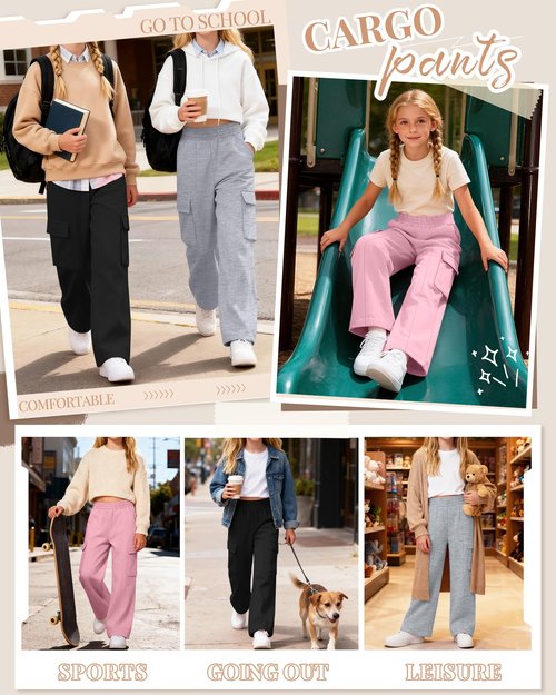 LessonZoo 3 Pack Girls Wide Leg Sweatpants Cargo Pants High Waisted Baggy Causal Loose Kids Elastic Waistband Pants Joggers(Pink, Light Gray, Black,9-10 Years)