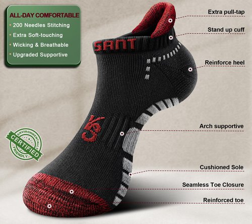 KEMISANT Mens Running Socks 6 Pairs-Athletic Compression Ankle Socks Cushioned for Men Walking-Arch Compression Support(6Pairs,Shoes Size:Men 13-15)