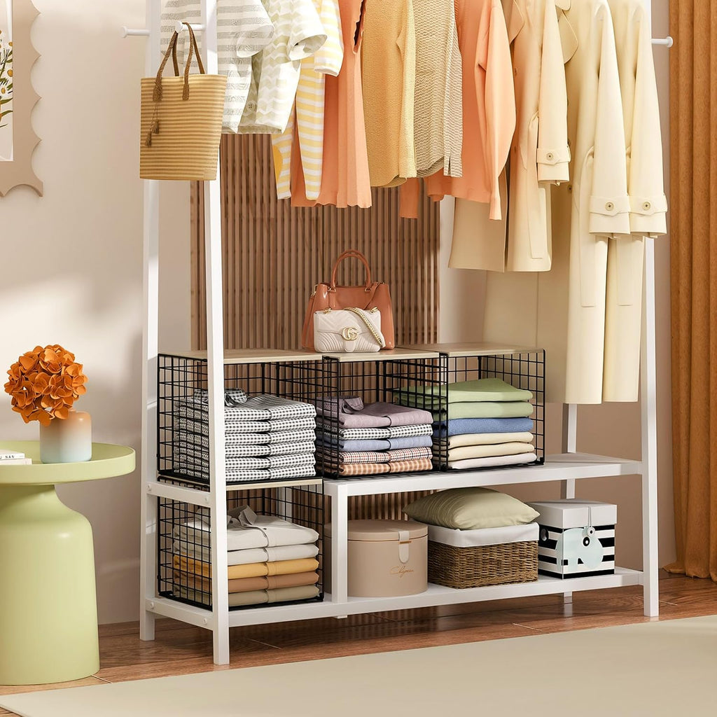 Skiennix 4-Tier Stackable Closet Organizer - Space-Saving Storage Baskets with Wood Top | Black