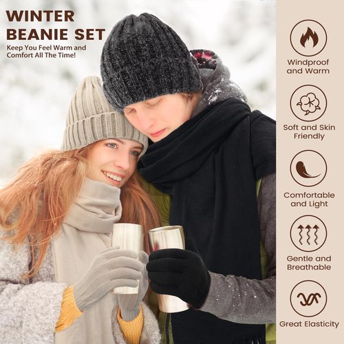 Womens Winter Knit Warm Hat Beanie+Long Scarf+Touch Screen Gloves Set Skull Caps Neck Scarves for Women/Men,Pink
