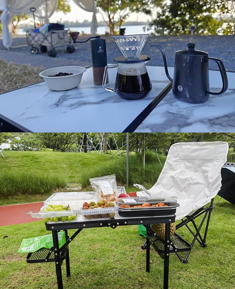 Titanker Small Folding Camping Table 2ft with Side Racks and Net (White Marble & Storage Net) – Portable Beach/Car Picnic Table
