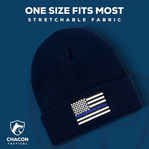Chacon Tactical Patriotic Black Acrylic Beanie Hat (Acrylic, Thin Blue Line - Navy Blue)