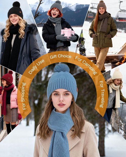 AWAYTR Winter Beanie Hat Gloves Scarf Set for Women - 3 Piece Knit Gift Set with Pom Pom Hat Touch Screen Gloves and Scarf (Black)