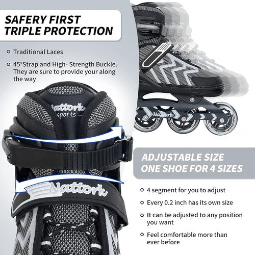 Nattork Adjustable Inline Skates - Perfect for Adults & Teens | Indoor & Outdoor Use, Beginner-Friendly