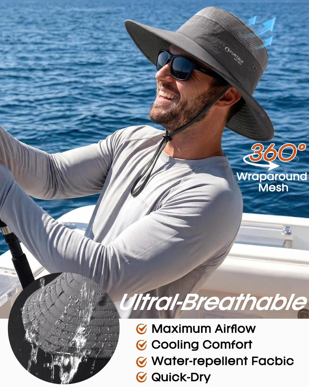 FURTALK Sun Hats for Men Women Fishing Hat UPF 80+ Breathable Wide Brim Hiking Summer UV Protection Bucket Hats Dark Grey