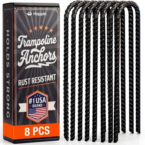Happin® Heavy-Duty Trampoline Anchors - Galvanized Steel Ground Stakes (8 Pack, Black)