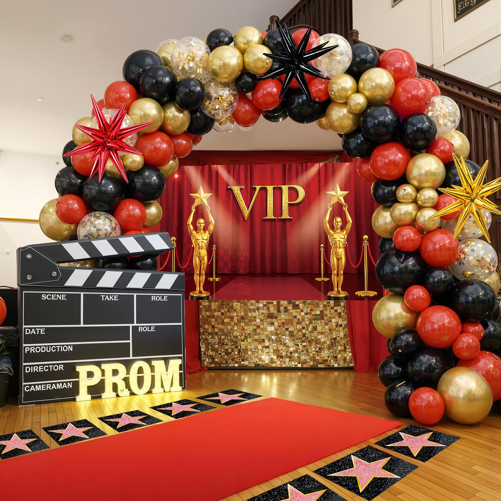 Tiamon 108 Pcs VIP Theme Party Decorations - Red Carpet with VIP Photo Backdrop Star Stickers Red Gold Black Balloons Markers for Movie Night Themed Prom Birthday Party Decorations