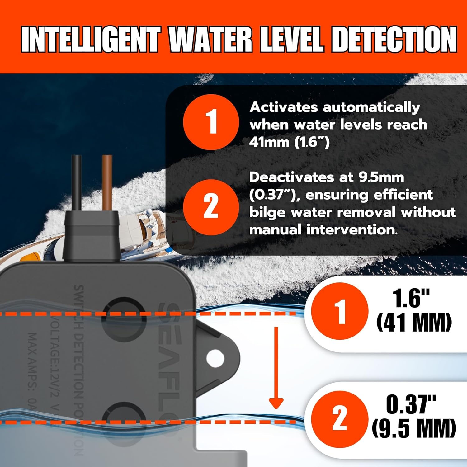 SEAFLO Electric Bilge Switch - Automatic Water Level Sensor, 12V/24V, 20A/10A, Marine Boat | 4-Year Warranty