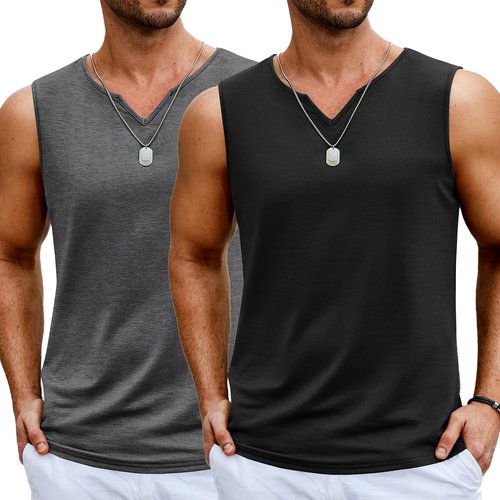 COOFANDY Men's 2 Pack Workout Tank Tops Summer V Neck Gym Muscle Tee Cotton Bodybuilding T Shirts,Black/Dark Gray,Small