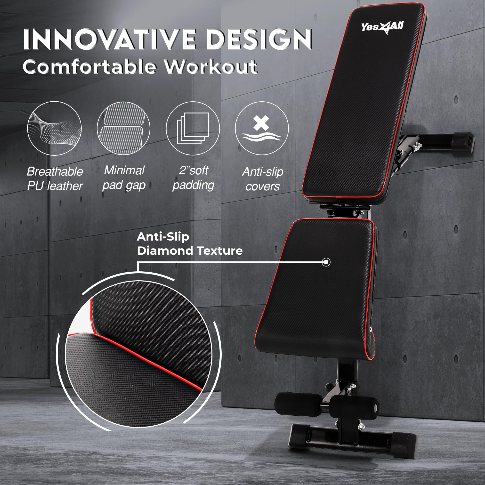 Yes4All Adjustable Weight Bench, 880Lb Foldable Workout Bench for Home Gym, Incline Bench with Innovative Stabilizing Frame