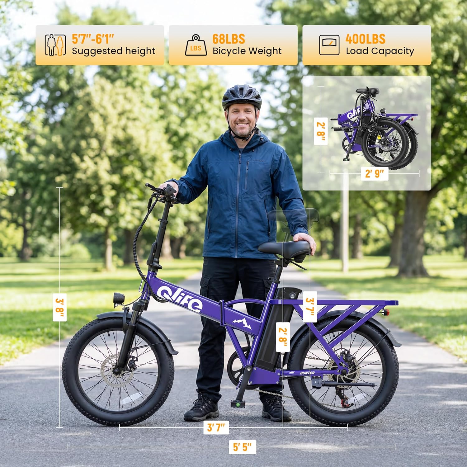 Qlife Hunter Foldable Electric Bike - 1200W Ebike with 48V Battery, 65-Mile Range & 20-Inch Fat Tires