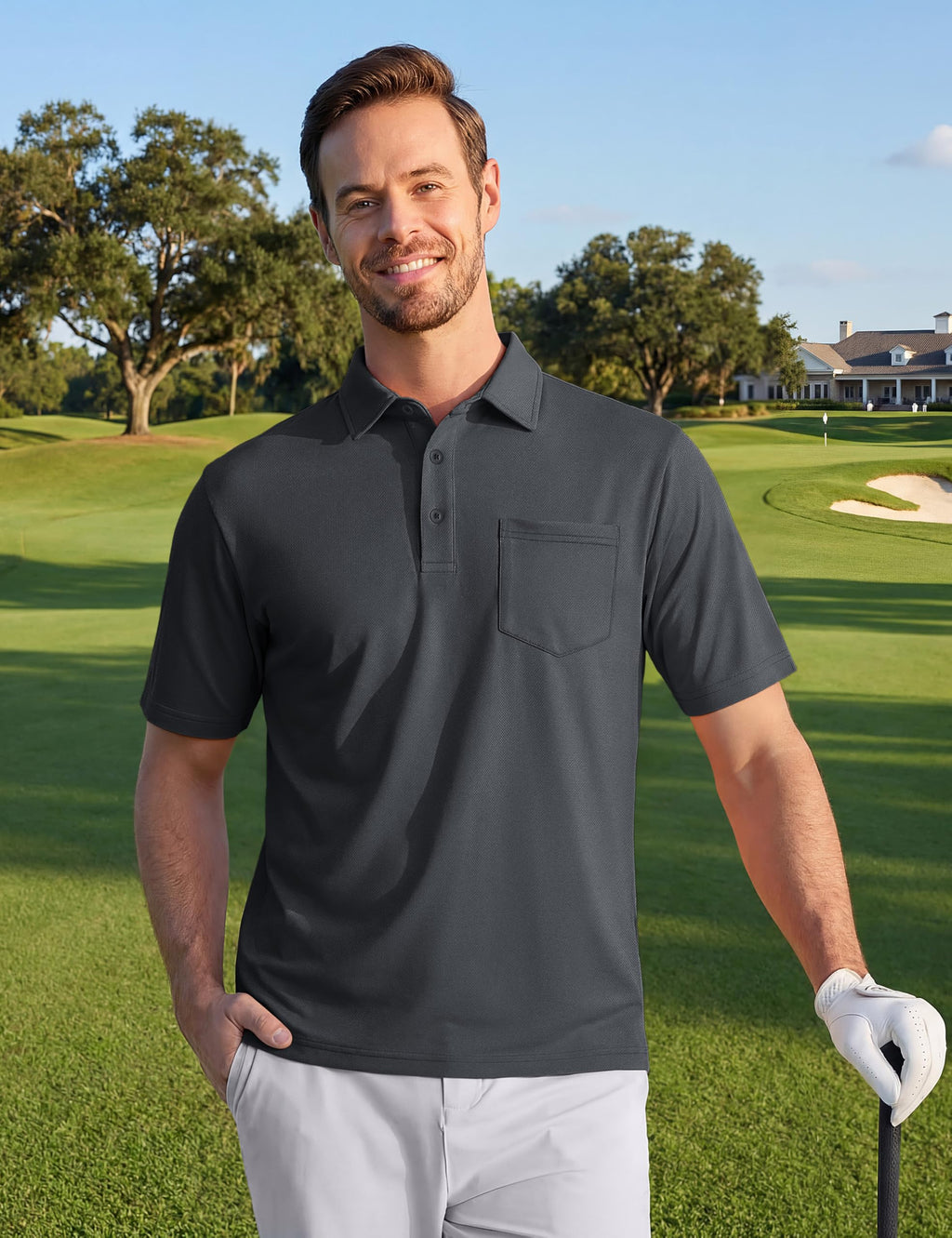 TACVASEN Mens Polo Shirts with Pocket Golf Polos Dry Fit Performance Short Sleeve Collared Shirt Casual Athletic Work Dark Gray L