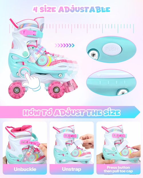 Sportneer Kids Roller Skates with Protective Gear Set, 4 Size Adjustable Girls Roller Skates with 8 Flash LED Wheels, Safe & Fun Skates for Toddlers Ages 3-12 Indoor Outdoor Use