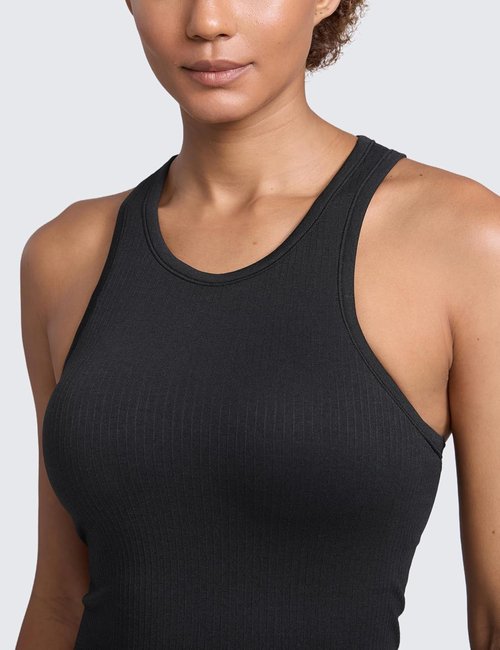 CRZ YOGA Seamless Ribbed High Neck Tank Top - Sleeveless Crop Yoga Shirt with Built-In Bra