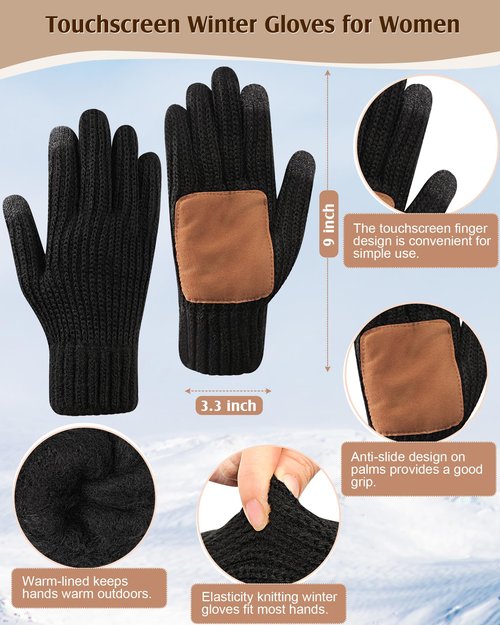 Women Beanie Scarf Gloves Headband Set, Winter Fleece Lined Hat Ear Warmer Knit Scarf Women Gloves Gift Set 4 in 1
