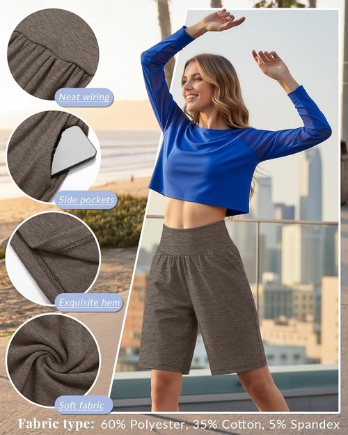 Neer Women's Bermuda Shorts - High Waist Stretch Casual Knee-Length Athletic Shorts with Pockets | 3 Pack