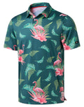Obla Mens Golf Polo Shirts Short Sleeve Dry Fit Performance Moisture Wicking Casual Print Collared Golf Shirts for Men(Green Flamingo_M)