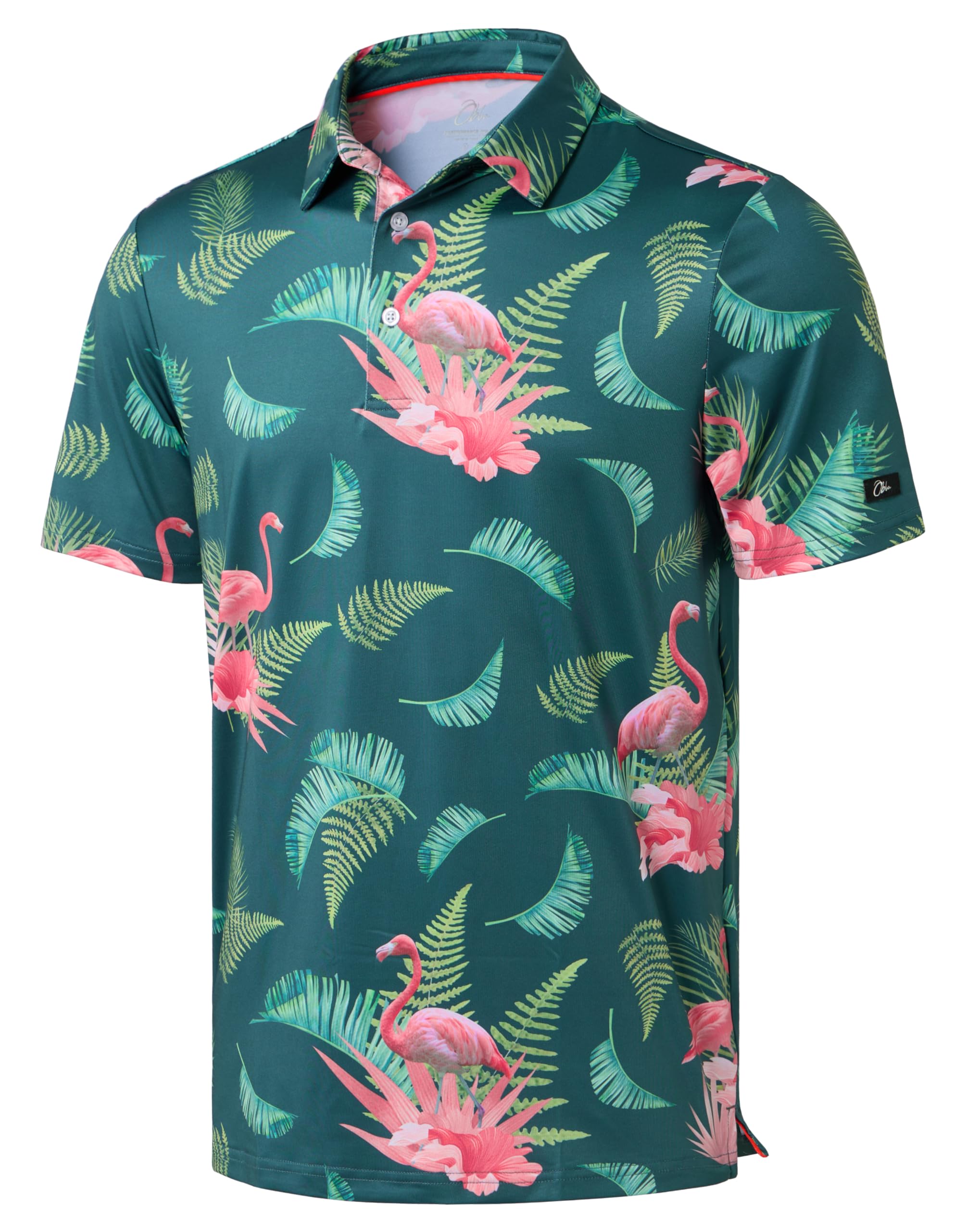 Obla Mens Golf Polo Shirts Short Sleeve Dry Fit Performance Moisture Wicking Casual Print Collared Golf Shirts for Men(Green Flamingo_M)