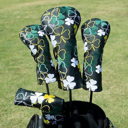 Lucky Shamrock Golf Driver Head Cover, Wood Headcover - Black Synthetic Leather Driver Headcover Golf Club Protective